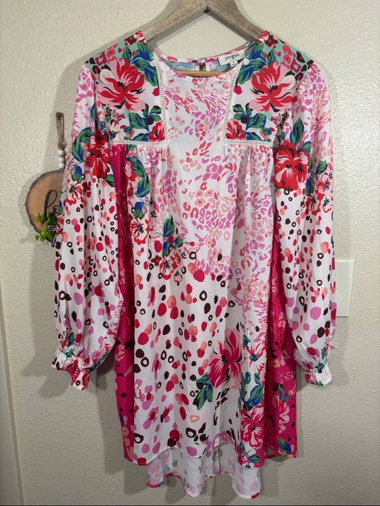 Umgee Tops - Umgee Boho Oversized Pink Floral & Tropical Leopard Print Top Size S